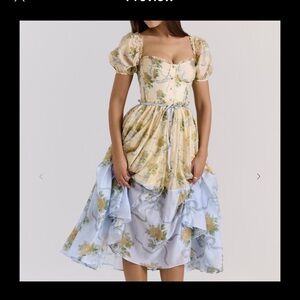 Lemon color Vintage Rose Chiffon Midi Dress,penelope